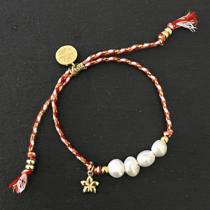 צמיד פנינים חוט אדום זהב- הוואי