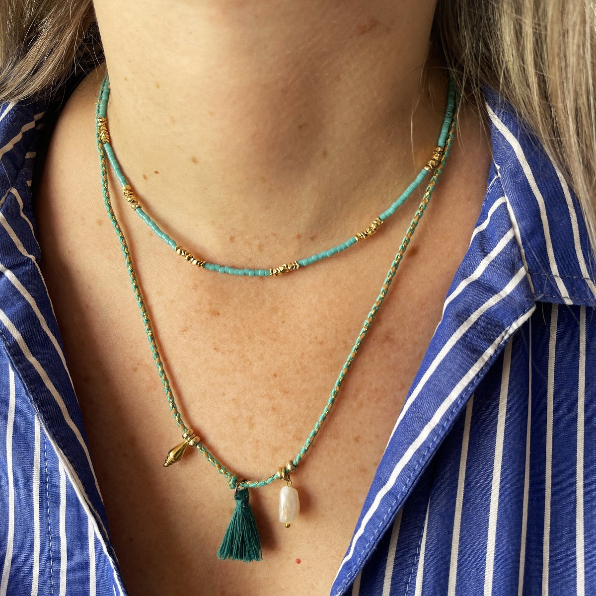 שרשרת פנינה זהב וטורקיז- הוואי