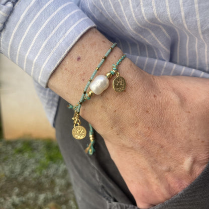 צמיד פנינה חוט טורקיז זהב- הוואי